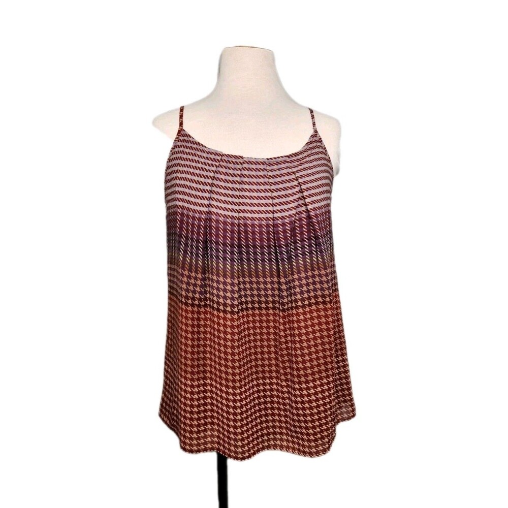 CAbi Pleated Camisole Tank Top Houndstooth Adjustable Chiffon Womens S Earthy